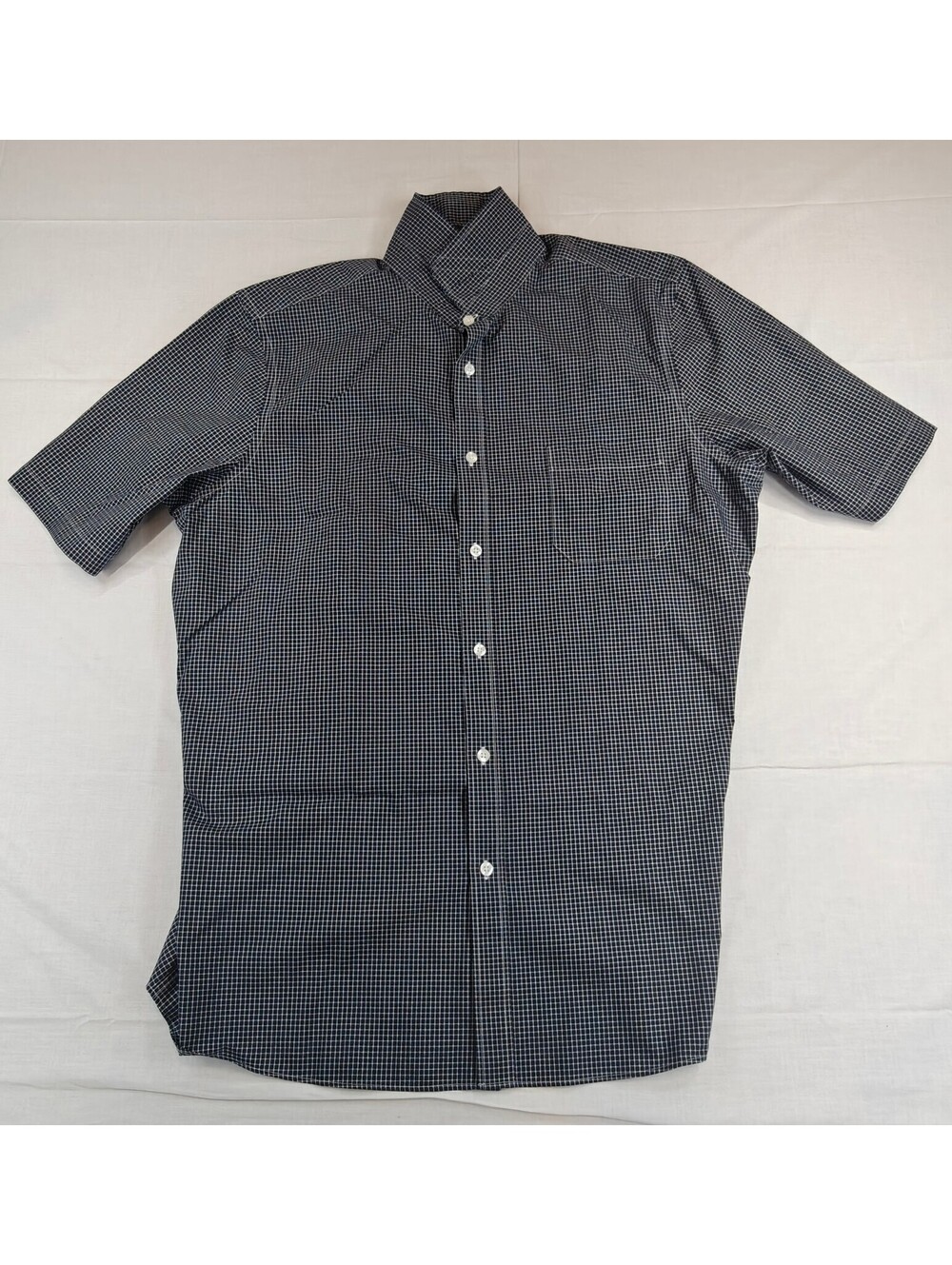 Men’s Navy Blue White Mini Check Short Sleeve Button Down Shirt Size Large